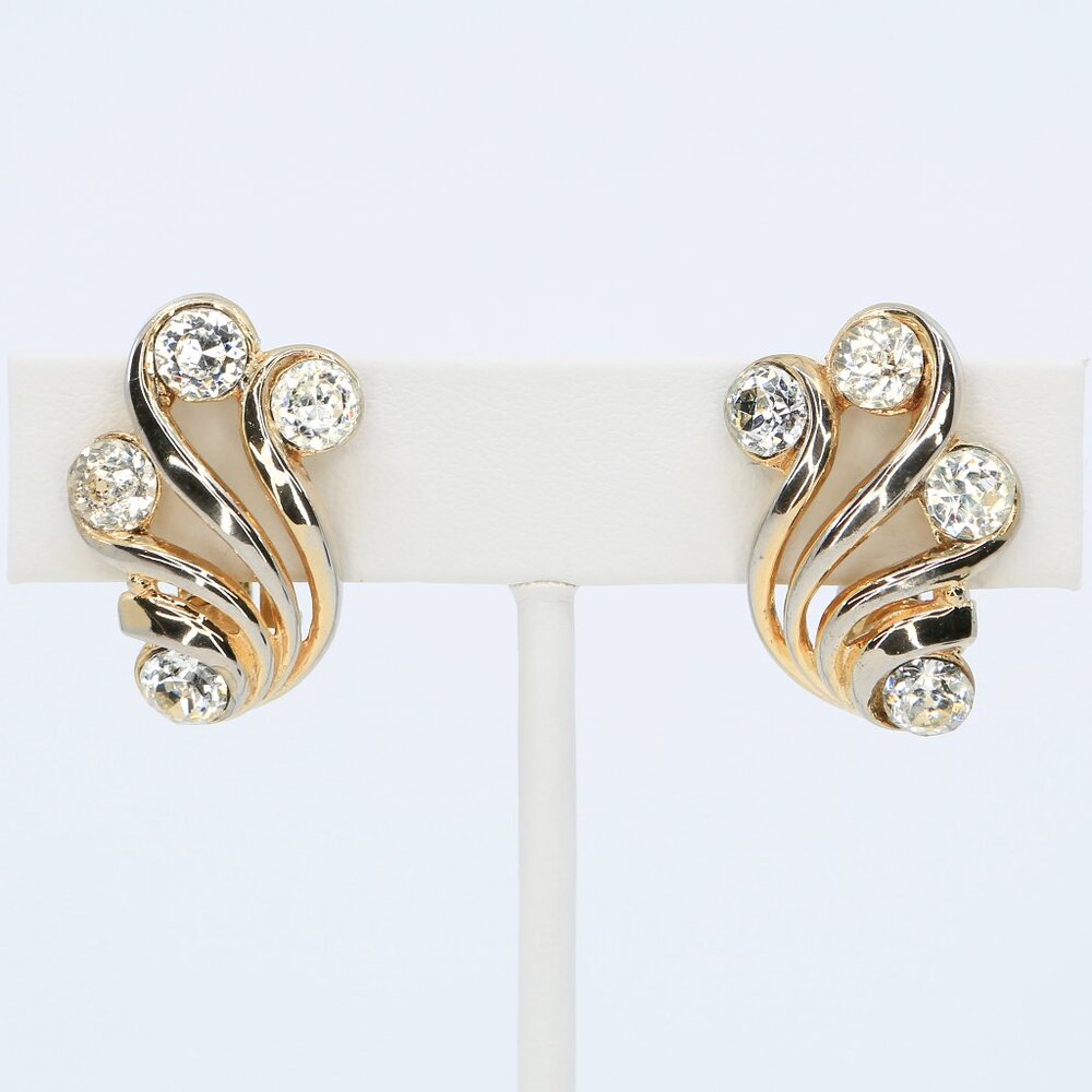 Vintage Crown Trifari Gold Plated Trifanium Rhinestone Swirl Earrings‎ 1950s